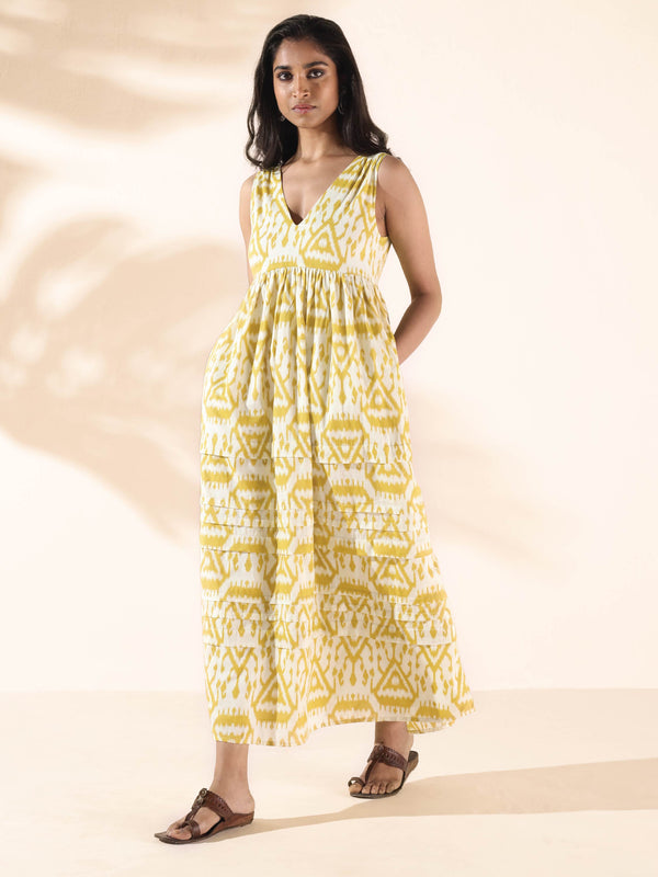 trueBrowns Lime Cotton Ikat Sleeveless Flared Dress