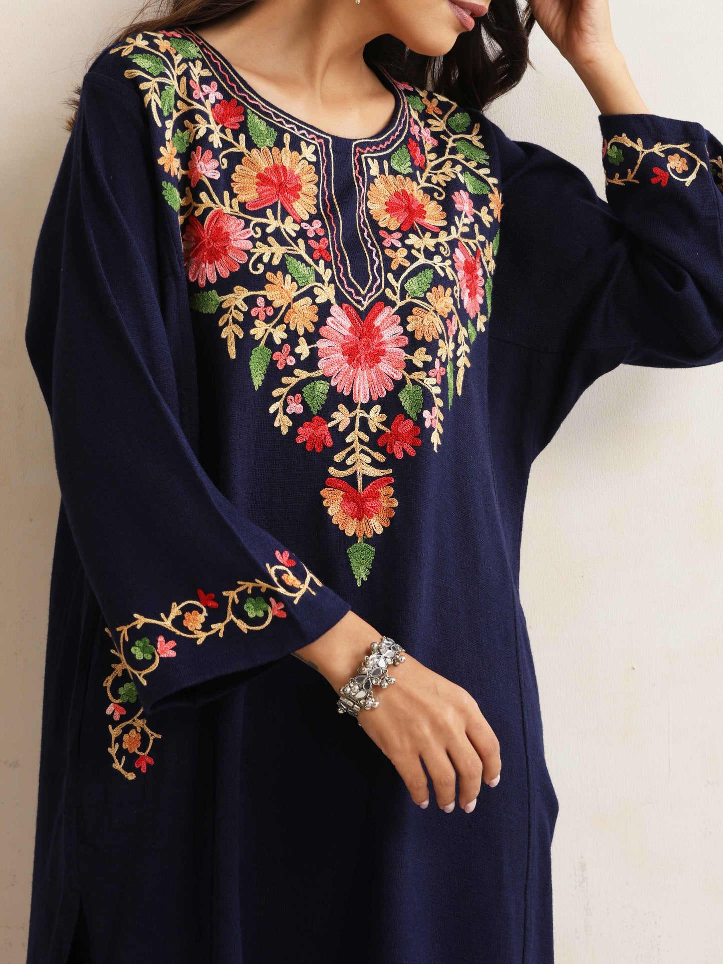 trueBrowns Blue Kashmiri Embroidered Woollen Phiran Kurta