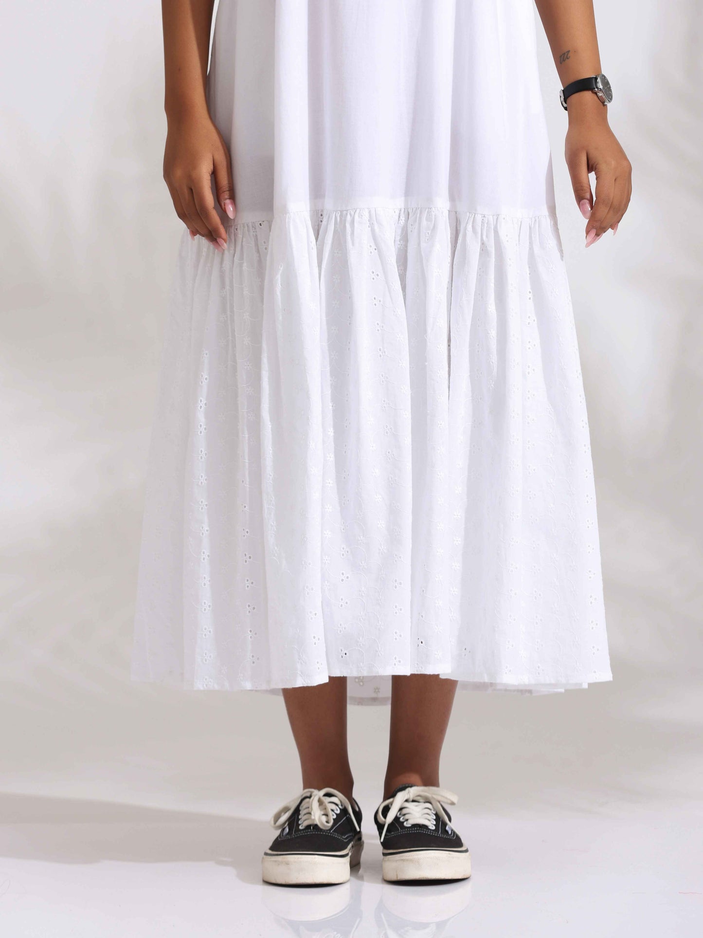 trueBrowns White Cotton Schiffli Tier Dress