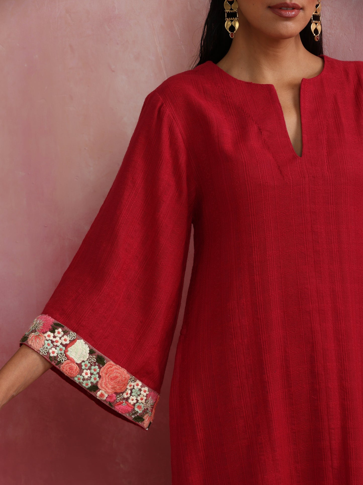 trueBrowns Red Straight Cotton Dobby Kurta Set