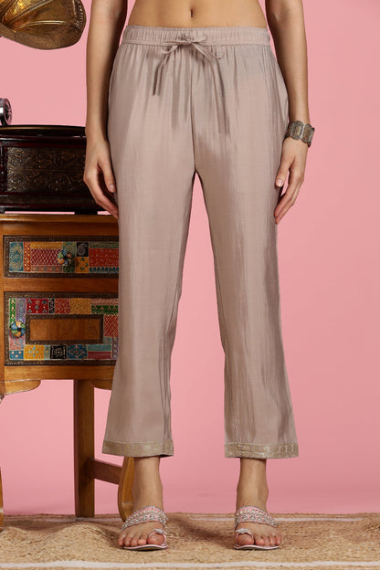 Mocha Mousse Modal Chanderi Embroidered Kurta,Pant and Chiffon Dupatta 3 PCS Set-LP