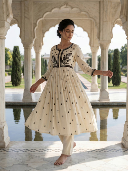 Sia Beige Kurta Set with Lucknowi Work LP- 48Hr Delivery