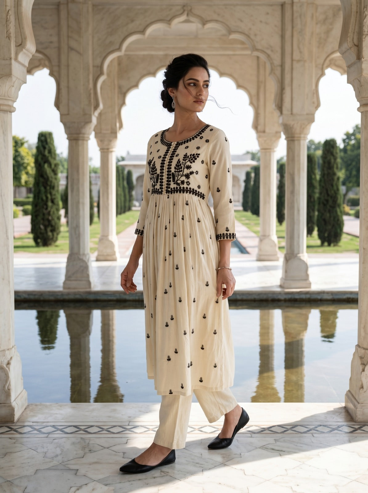 Sia Beige Kurta Set with Lucknowi Work LP- 48Hr Delivery