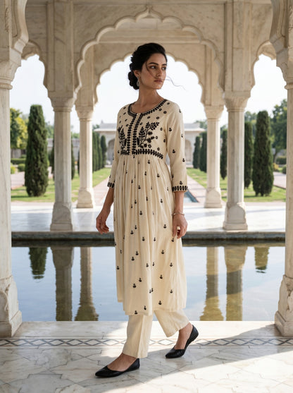 Sia Beige Kurta Set with Lucknowi Work LP- 48Hr Delivery
