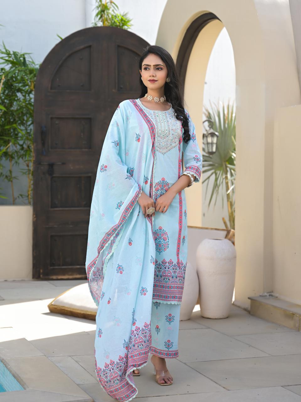 Teal Blue Floral Cotton Kurta 3PC Set with Printed Dupatta LP
