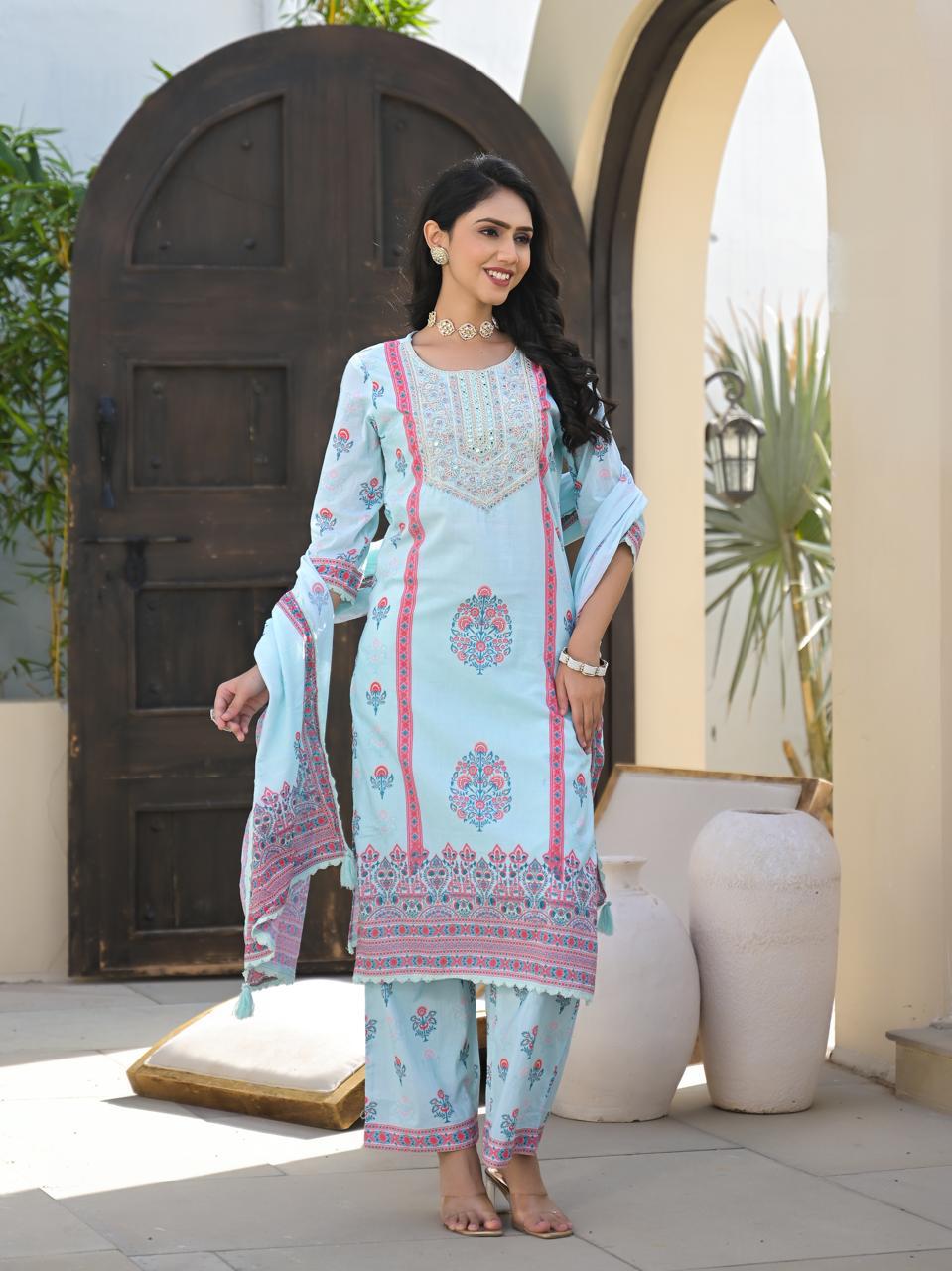 Teal Blue Floral Cotton Kurta 3PC Set with Printed Dupatta LP