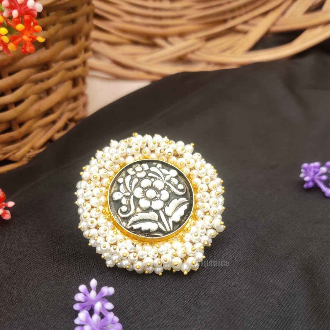 pearl beaded kundan enemal big ring
