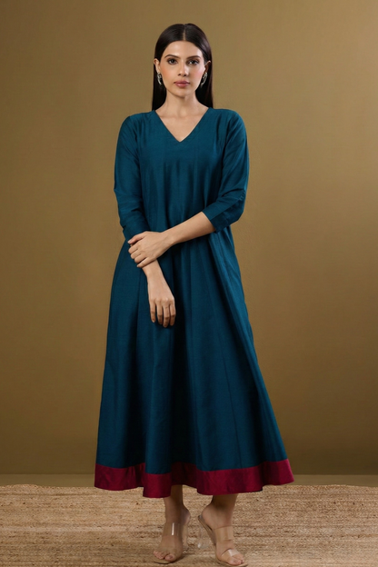 Maati Peacock Plush Luxe Silk Slub Long Maxi Dress With Sleeves