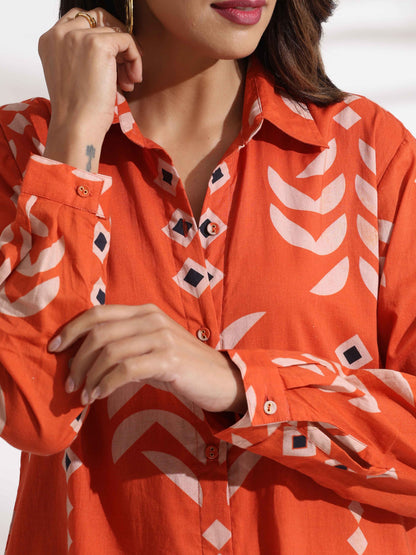 trueBrowns Orange Cotton Print Shirt Dress
