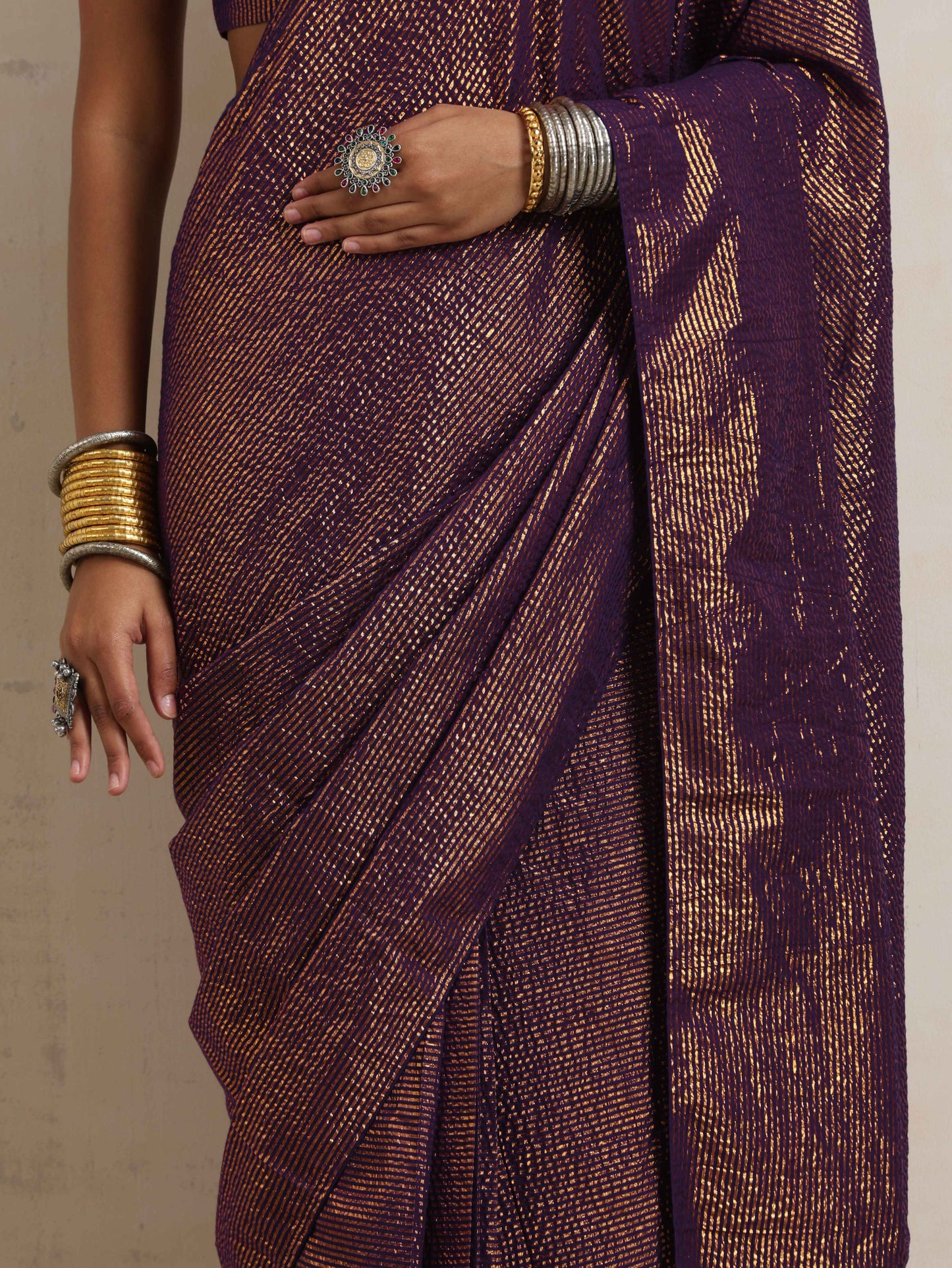 trueBrowns Purple Gold Metallic Ready To Wear Saree