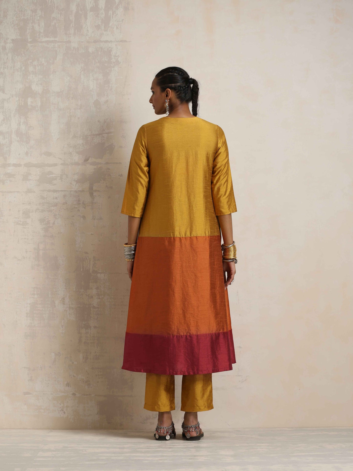 trueBrowns Gold Orange Silk A-line Kurta Set