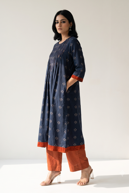 Navy Floral Bunch Cotton Kurta Top With Pintuck Mc