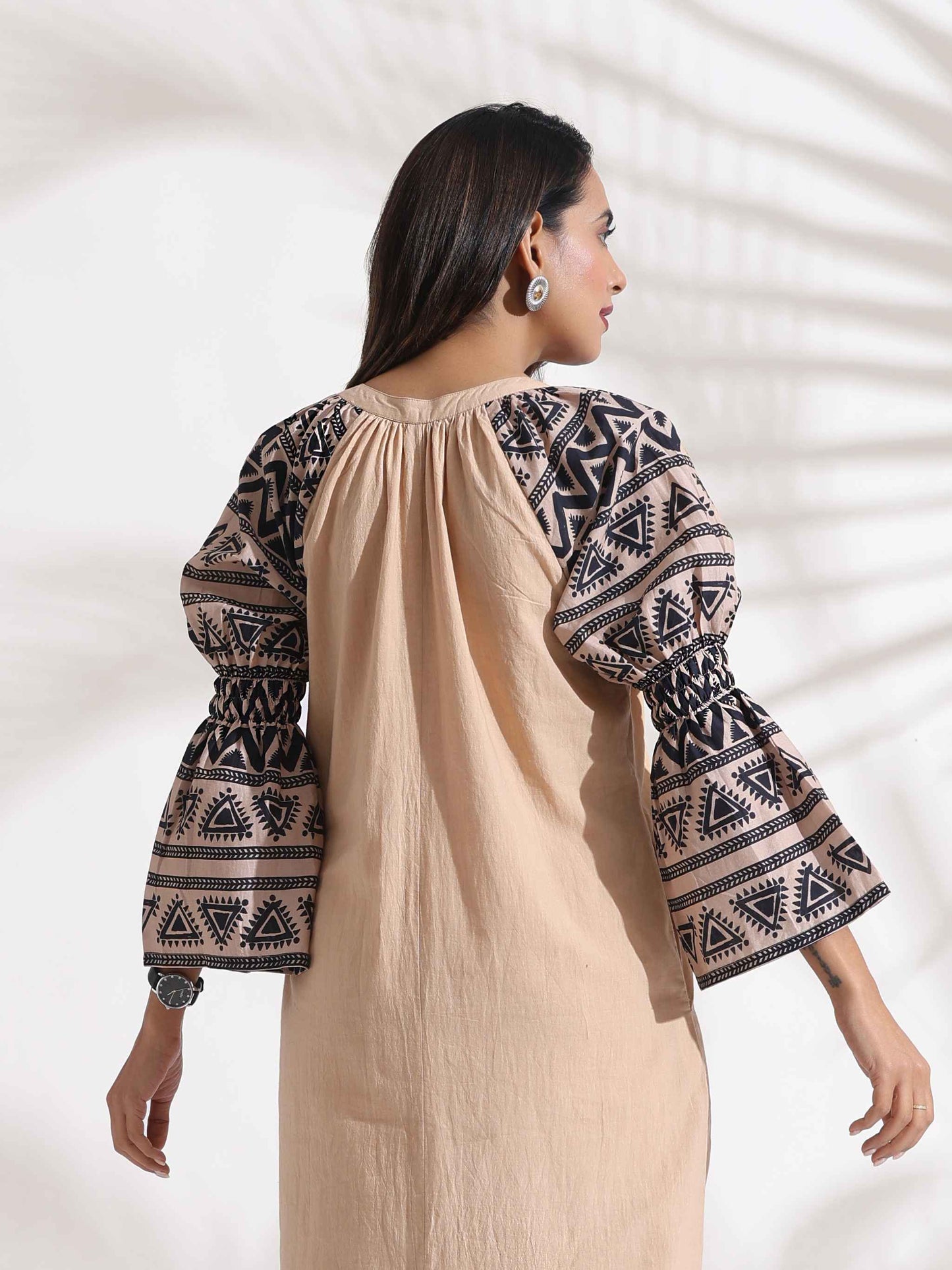 trueBrowns Beige Cotton Print Long Dress