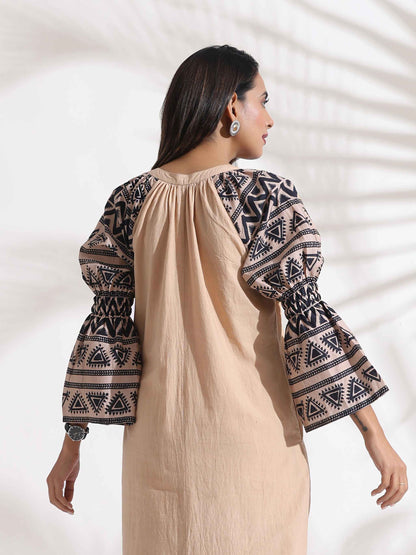 trueBrowns Beige Cotton Print Long Dress