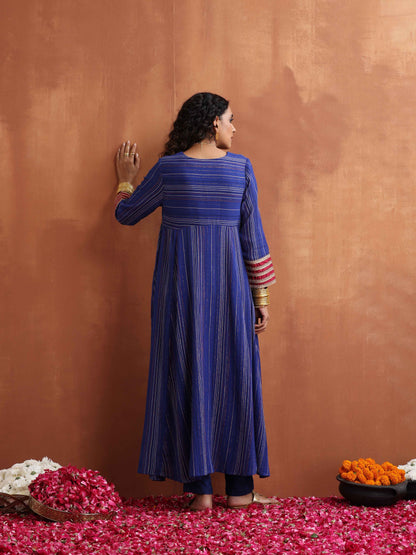 trueBrowns Blue Stripe Flared Anarkali Kurta Set