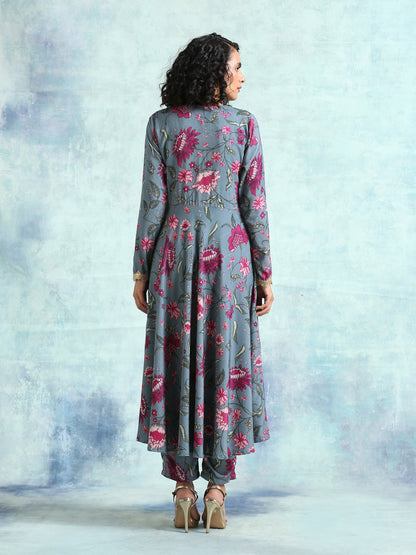 Grey Printed Velvet Anarkali Kurta