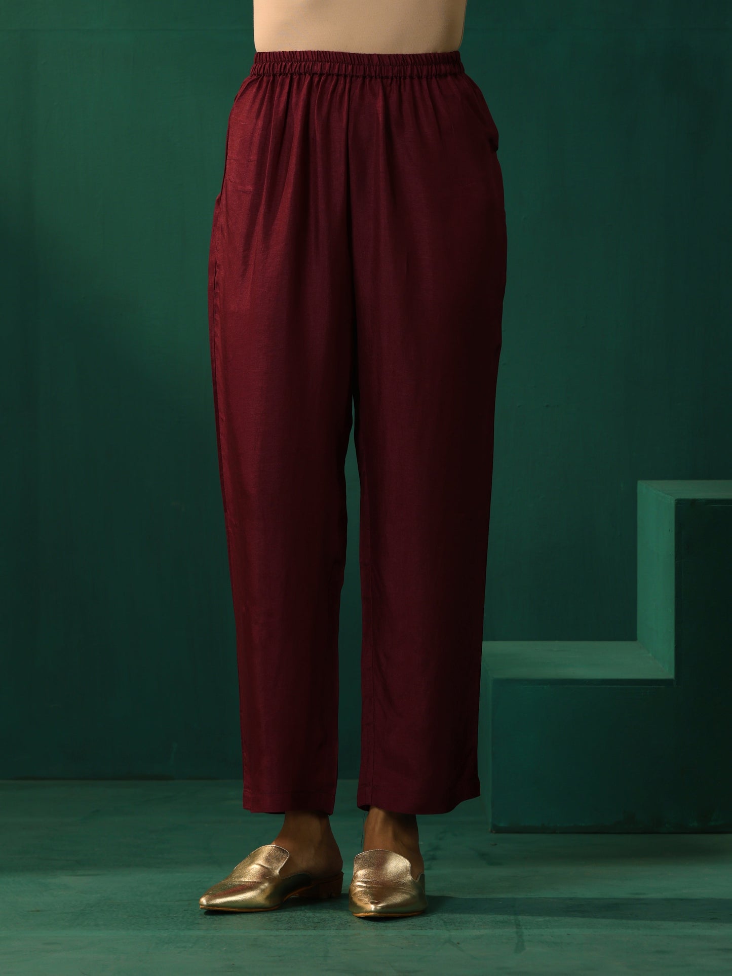 trueBrowns Wine Diamond Viscose Silk Waist Sleeve Gathered Co-ord Set