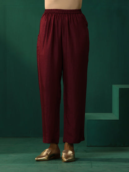 trueBrowns Wine Diamond Viscose Silk Waist Sleeve Gathered Co-ord Set
