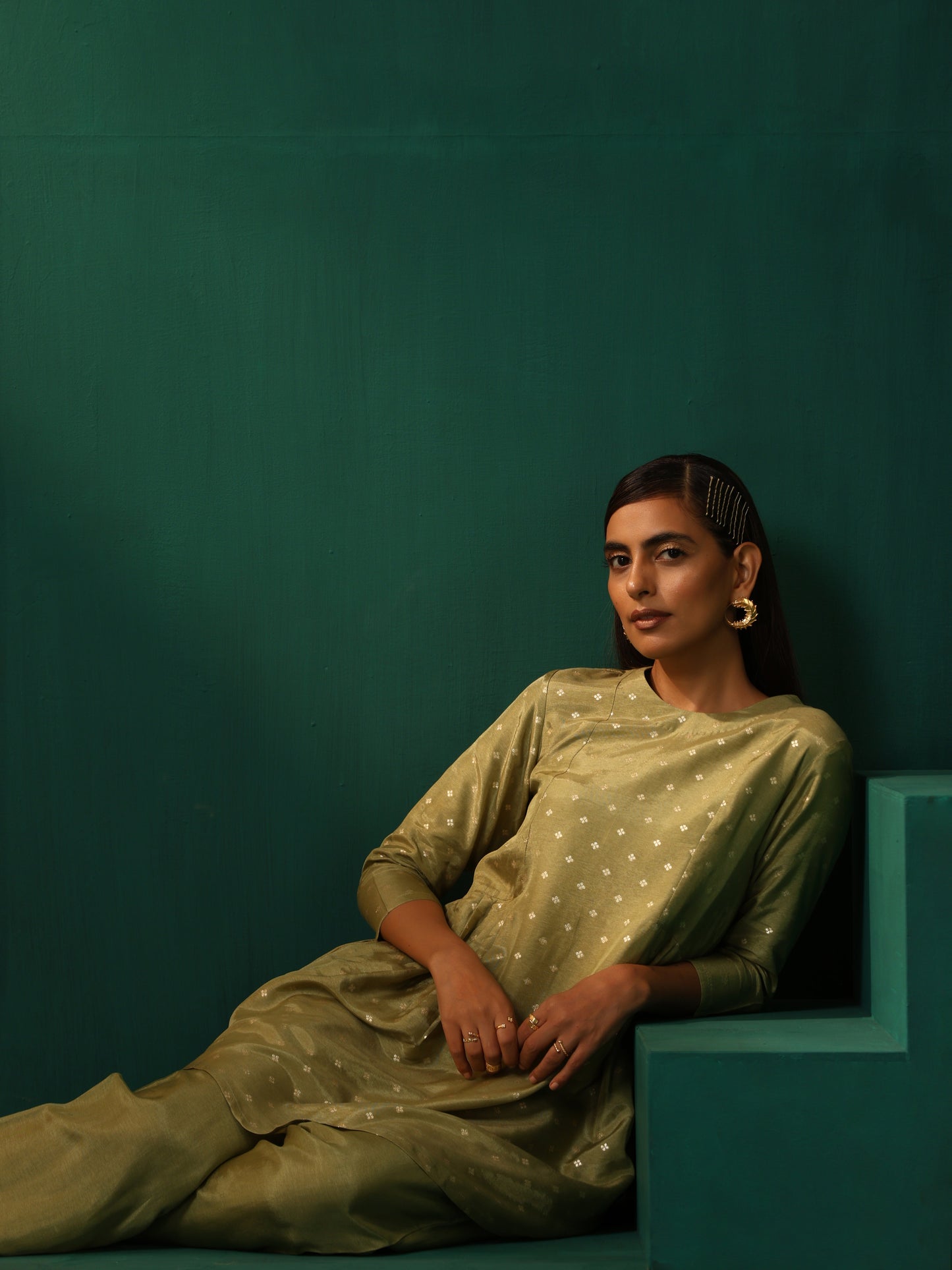 trueBrowns Green Square Viscose Silk Side Gathered Co-ord Set