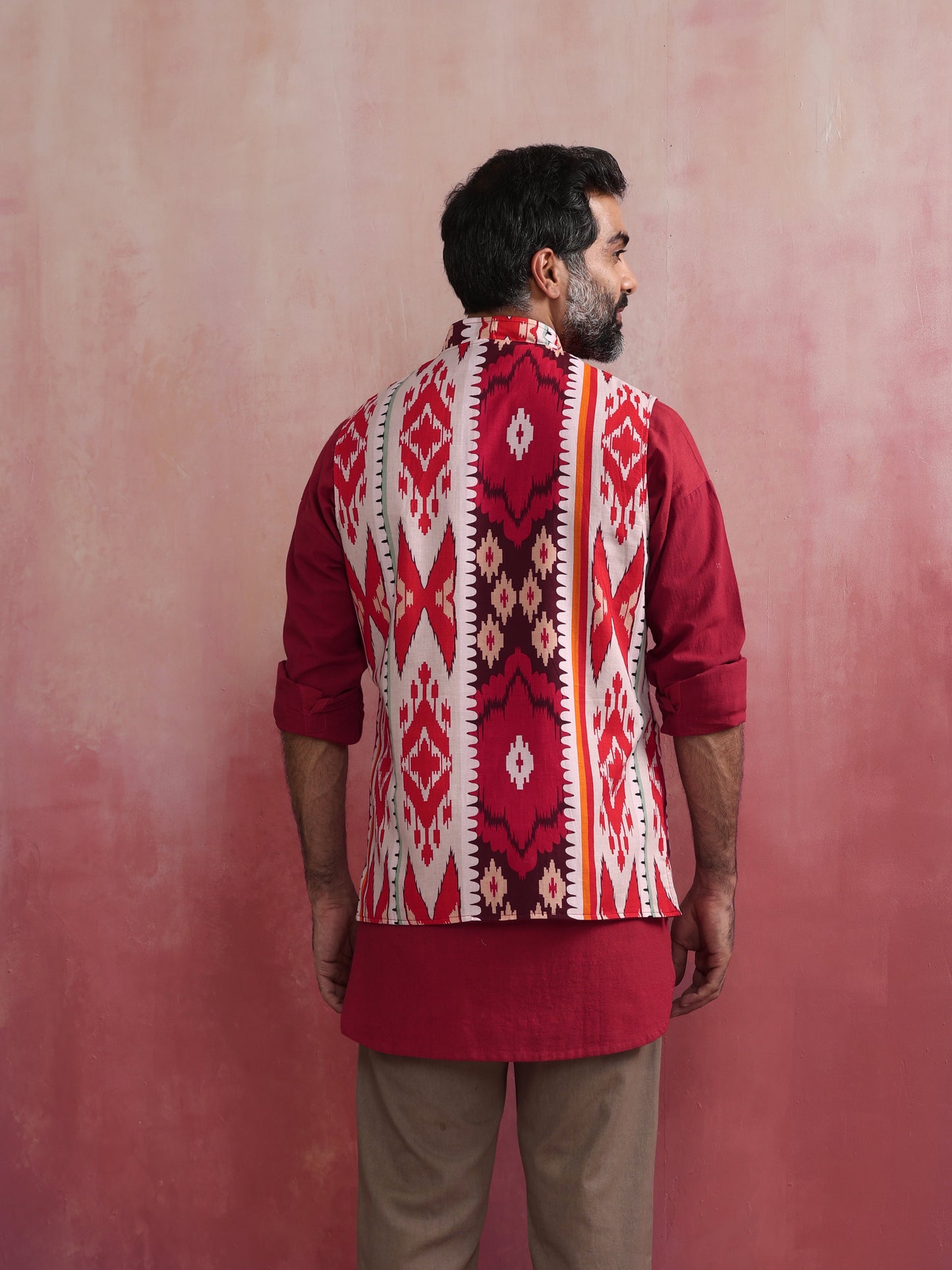 trueBrowns Men's Maroon Ikat Reversible Nehru Jacket