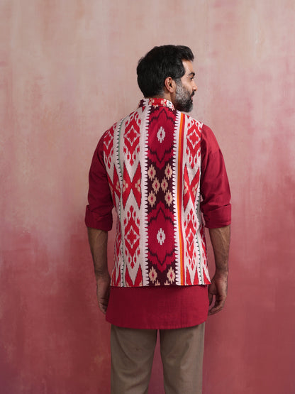 trueBrowns Men's Maroon Ikat Reversible Nehru Jacket