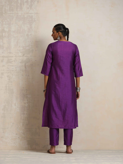 trueBrowns Purple Silk High Slit Kurta Set