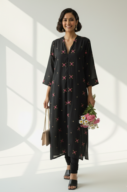 Maati  Midnight Spark Cotton Front Zipper A-Line Kurta