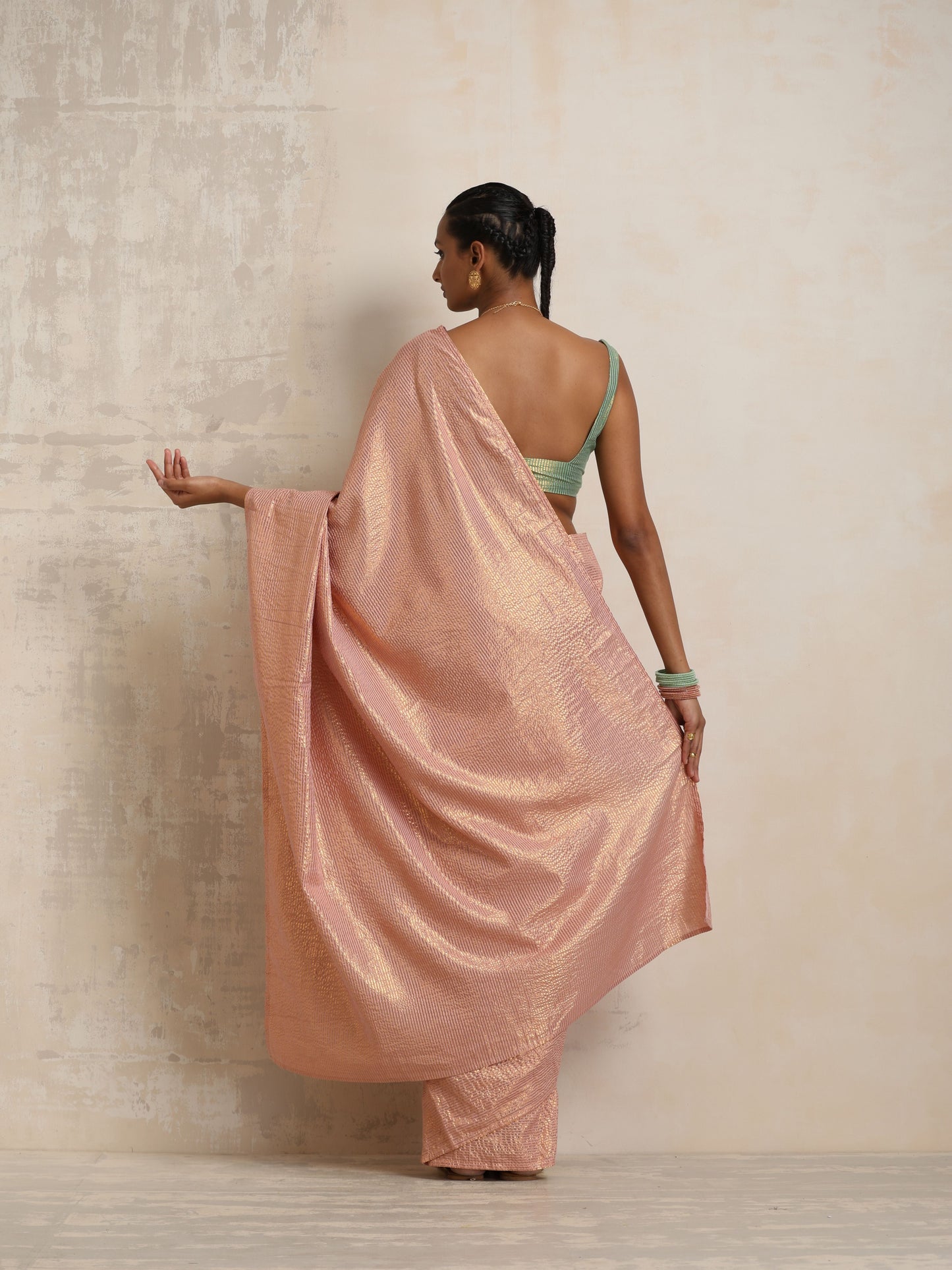 trueBrowns Pink Gold Lurex Ready To Wear Saree