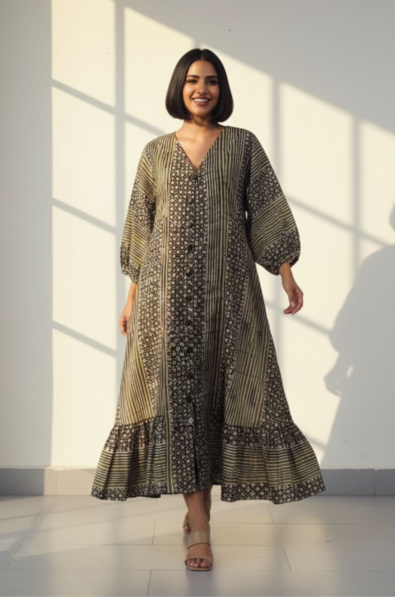 Maati  Olive Merlot Front Button Cotton Dress With Ruffle Border