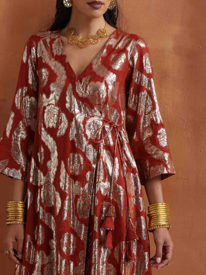 trueBrowns Rust Metallic Angrakha Kurta Set