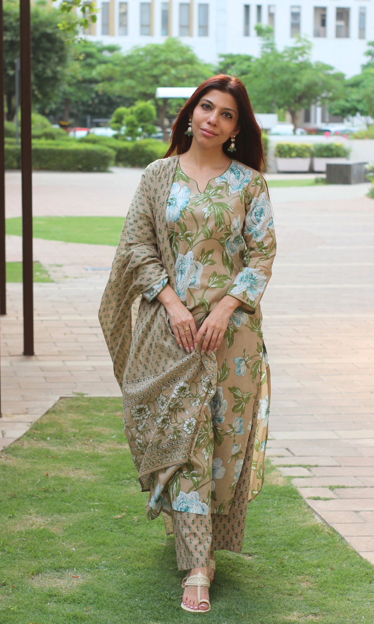 Baareeki Cotton Caramel Bloom Print Suit with Cotton Printed Dupatta