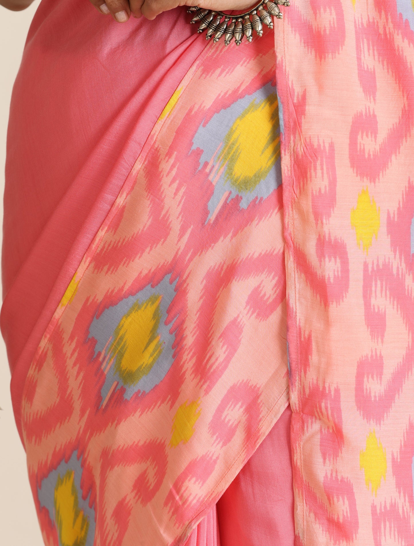 trueBrowns Pink Lime Muslin Ikat Ready to Wear Saree