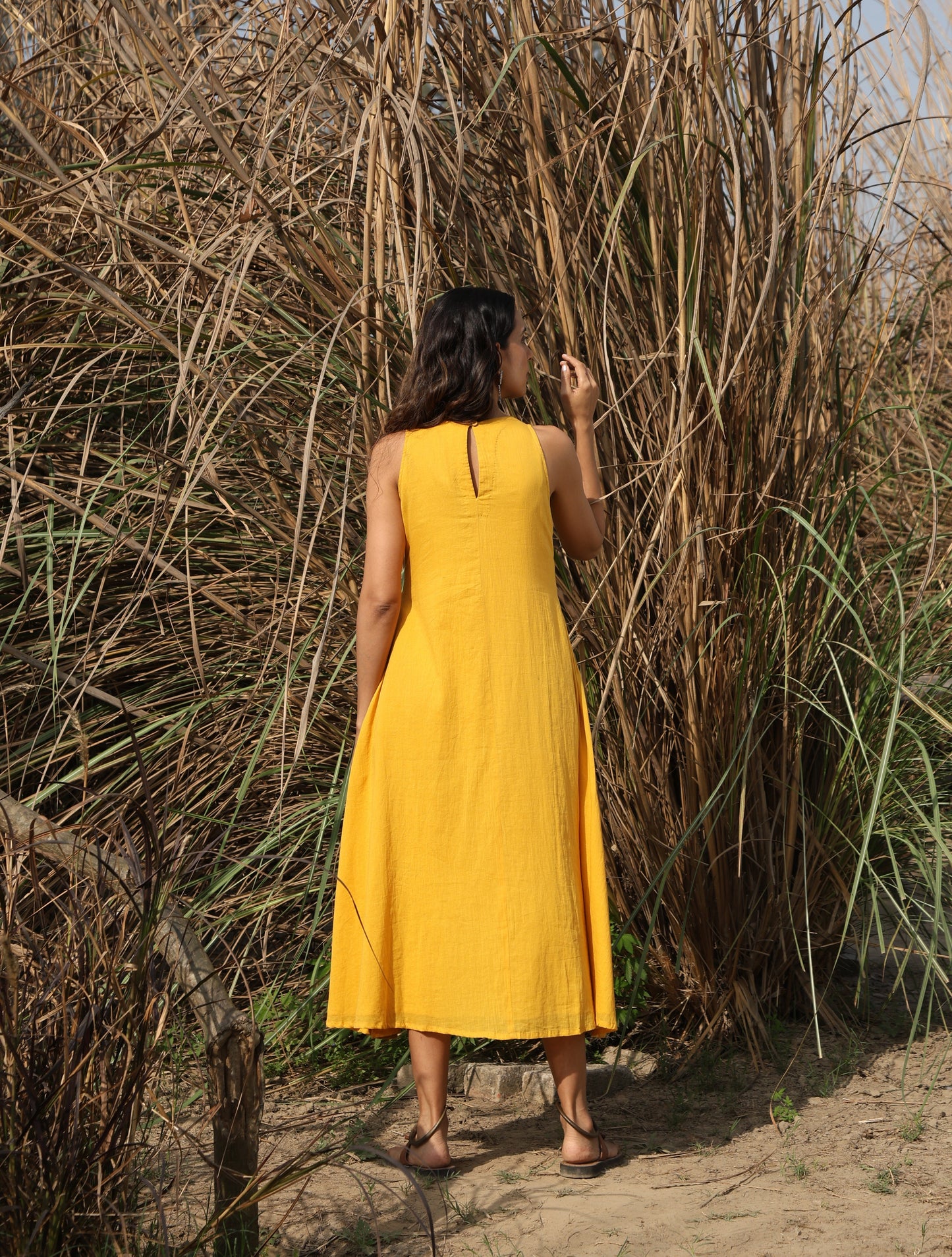 trueBrowns Mustard Cotton Embroidered Flared Dress