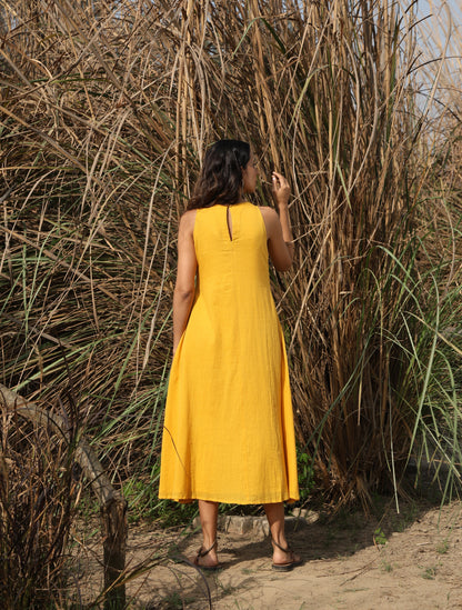 trueBrowns Mustard Cotton Embroidered Flared Dress