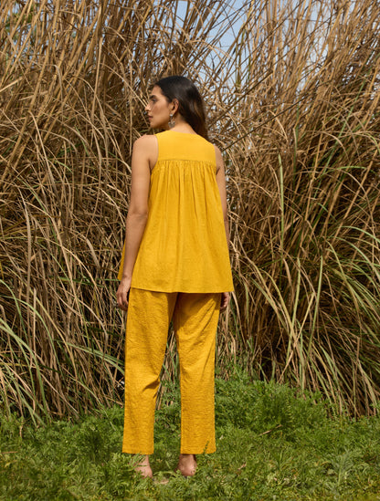 trueBrowns Mustard Cotton Embroidered Flared Co-ord Set