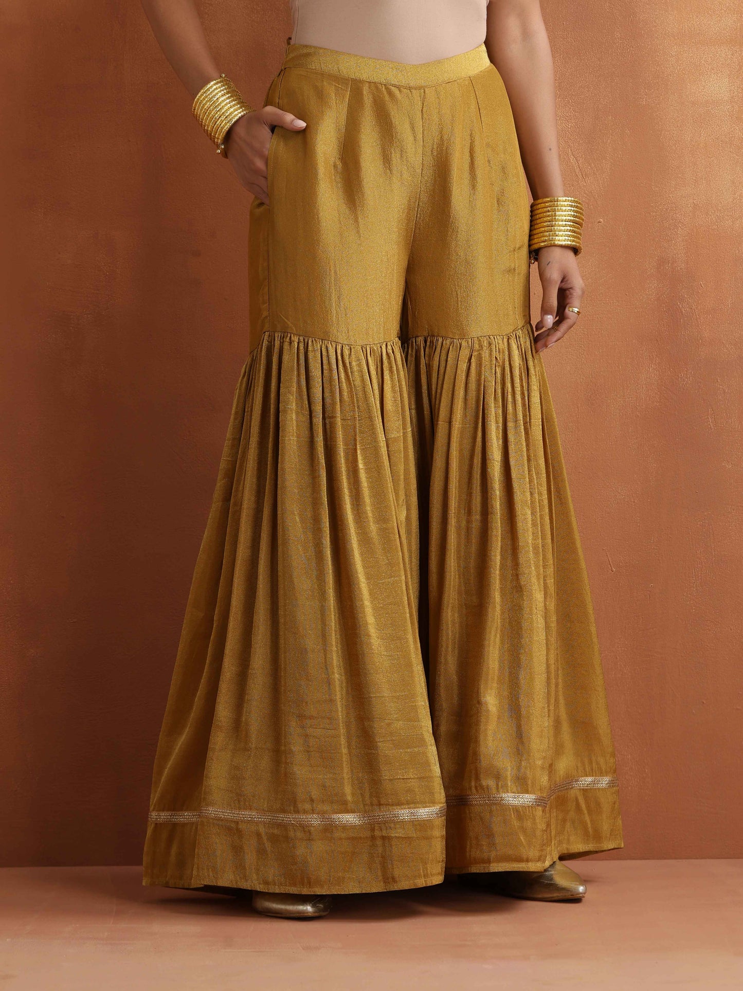 trueBrowns Gold Tissue Sharara Dupatta Set