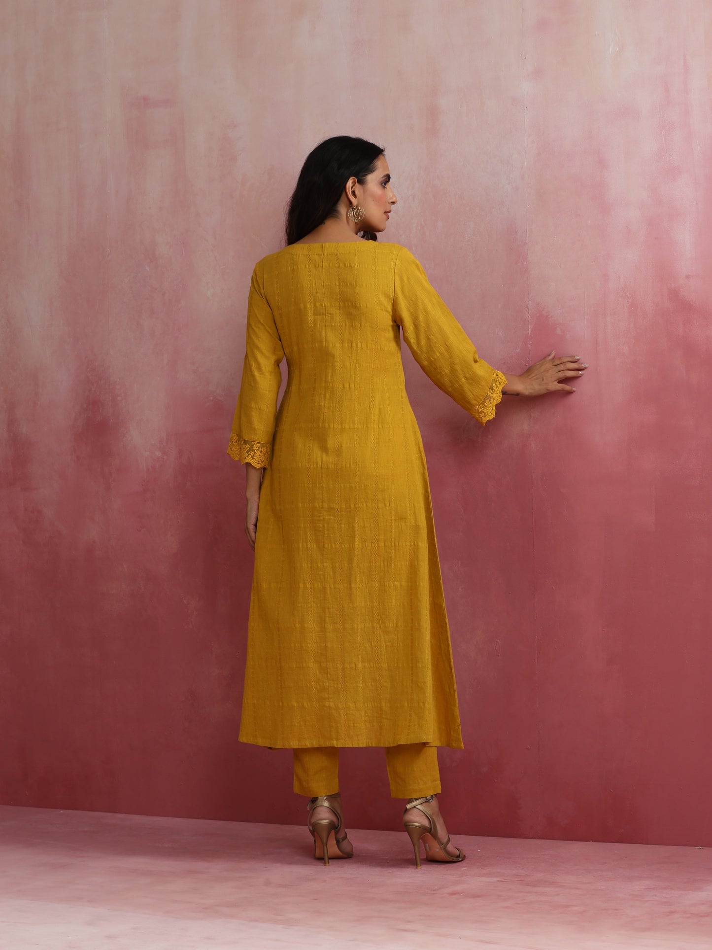 trueBrowns Mustard Cotton Dobby Kurta Set