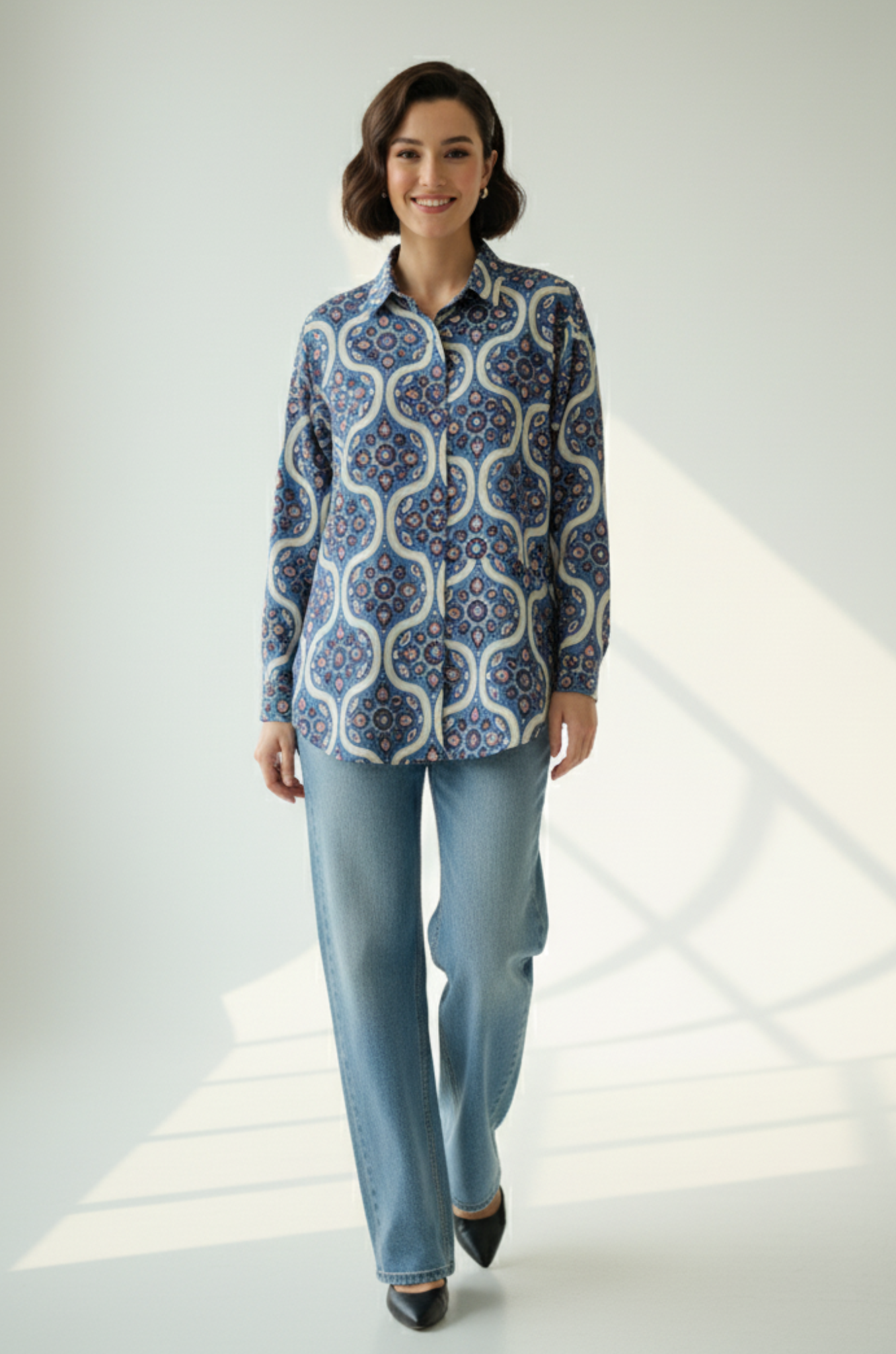 Maati  Tribal Blue Cotton Button Down Shirt