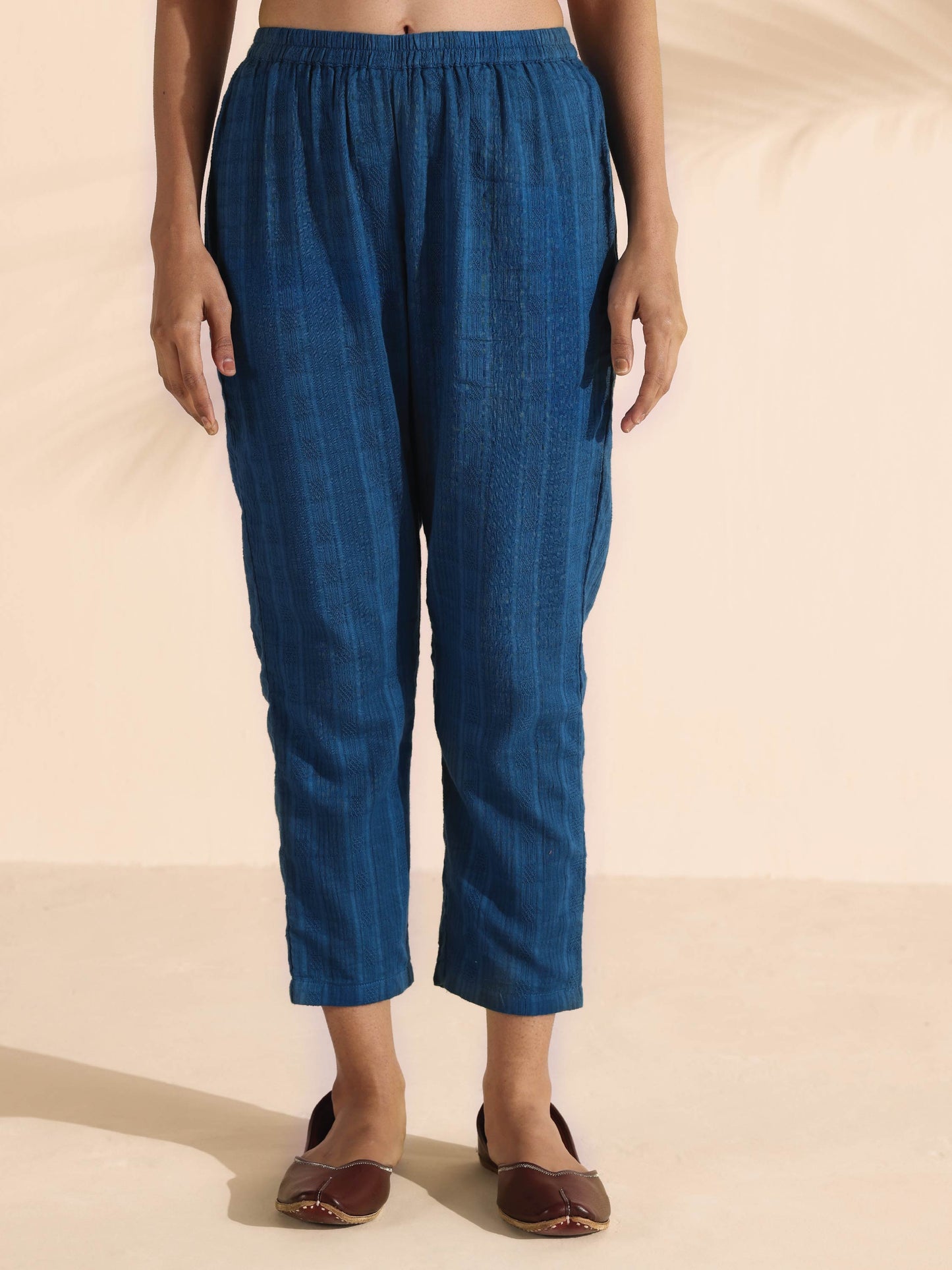 trueBrowns Blue Cotton Dobby Flared Kurta Pant Set