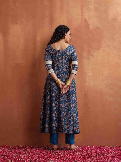 trueBrowns Blue Print Flared Anarakali Kurta Set