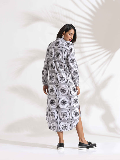 trueBrowns White Cotton Print Shirt Dress