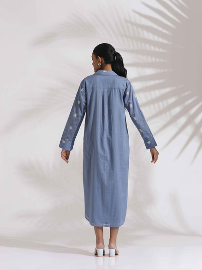 trueBrowns Blue Cotton Floral Embroidered Dress