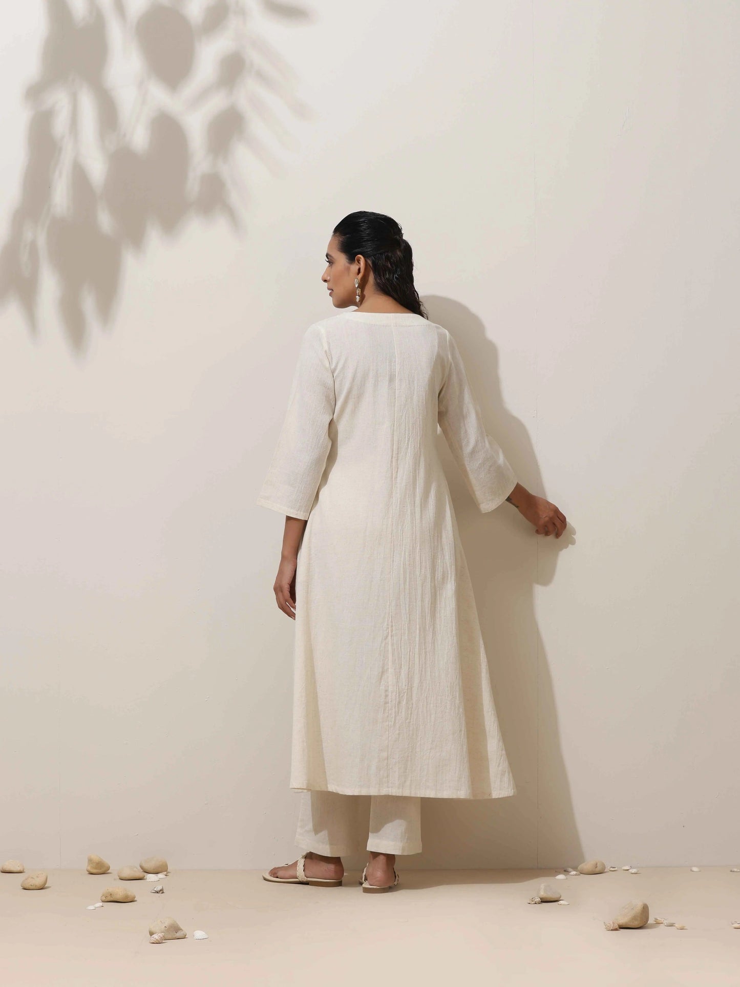 trueBrowns Off White Cotton Angrakha Kurta Pant Set