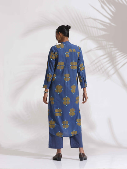 trueBrowns Blue Cotton Print Pleated Kurta Set