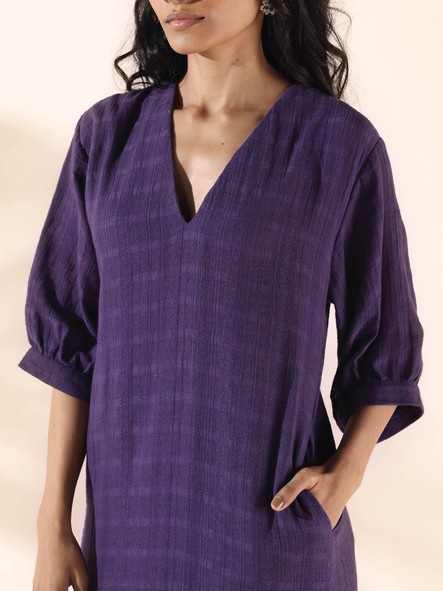 trueBrowns Purple Cotton Dobby Slit Dress