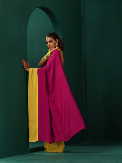 trueBrowns Lime Yellow Pink Muslin Silk Pre-Stitched Saree