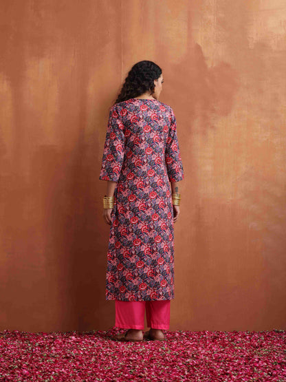 trueBrowns Pink Print High Slit Kurta Set