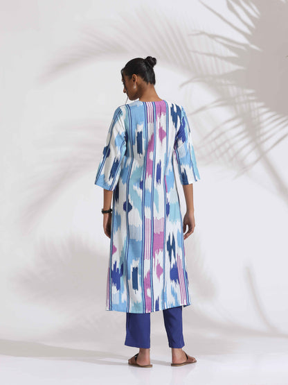 trueBrowns Blue Ikat Print Muslin Kurta Set