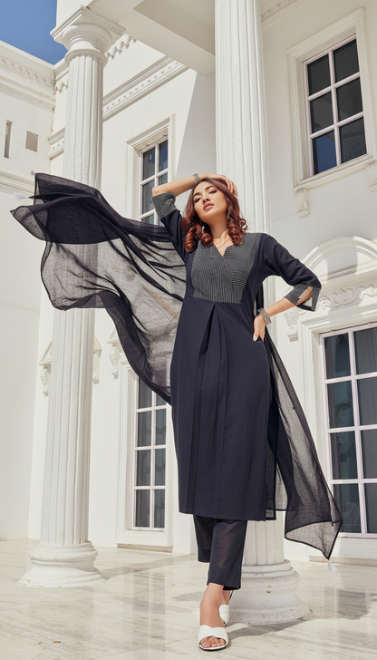 Black Cotton Slub Kurta,Pant and Dupatta 3PCS Set - LP