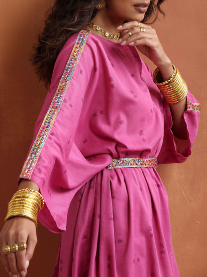 trueBrowns Pink Print Kaftan Kurta Co-ord Set